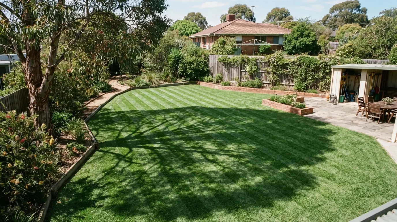 A neat suburban backyard with a mown lawn and tidy garden beds