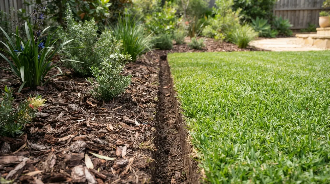 A freshly edged lawn beside a mulched garden bed