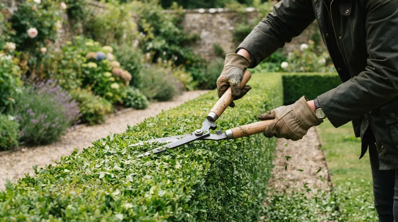 A box hedge being trimmed to shape with hedge shears