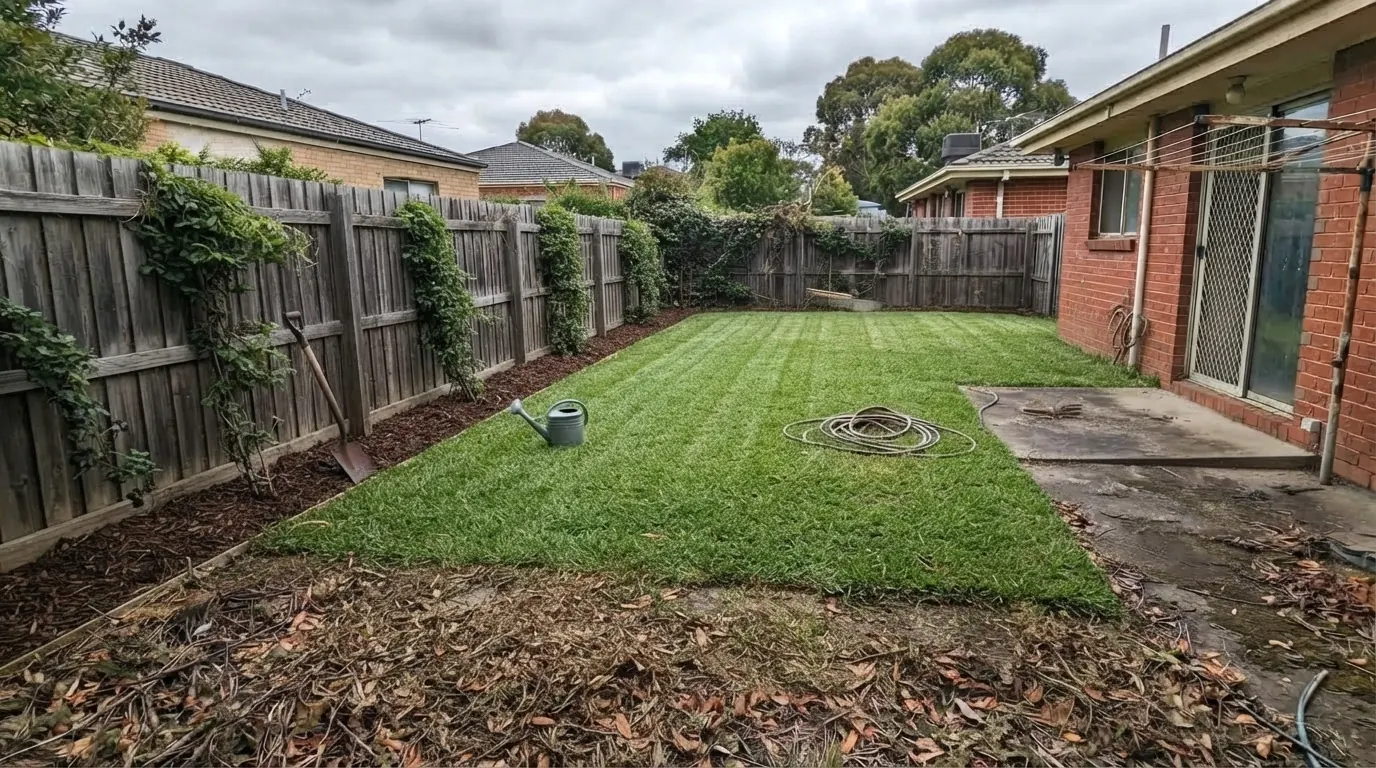 After: Overgrown backyard clean-up and lawn mowing