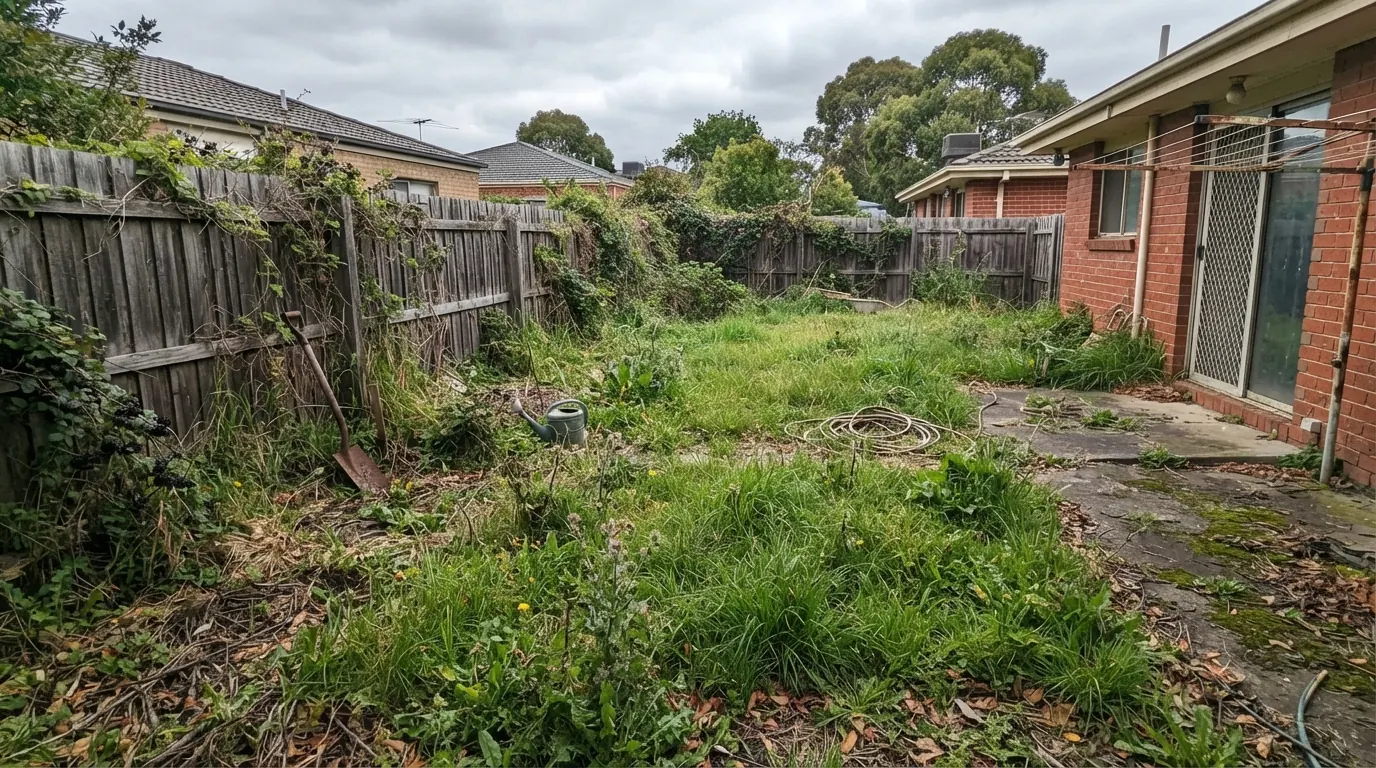 Before: Overgrown backyard clean-up and lawn mowing